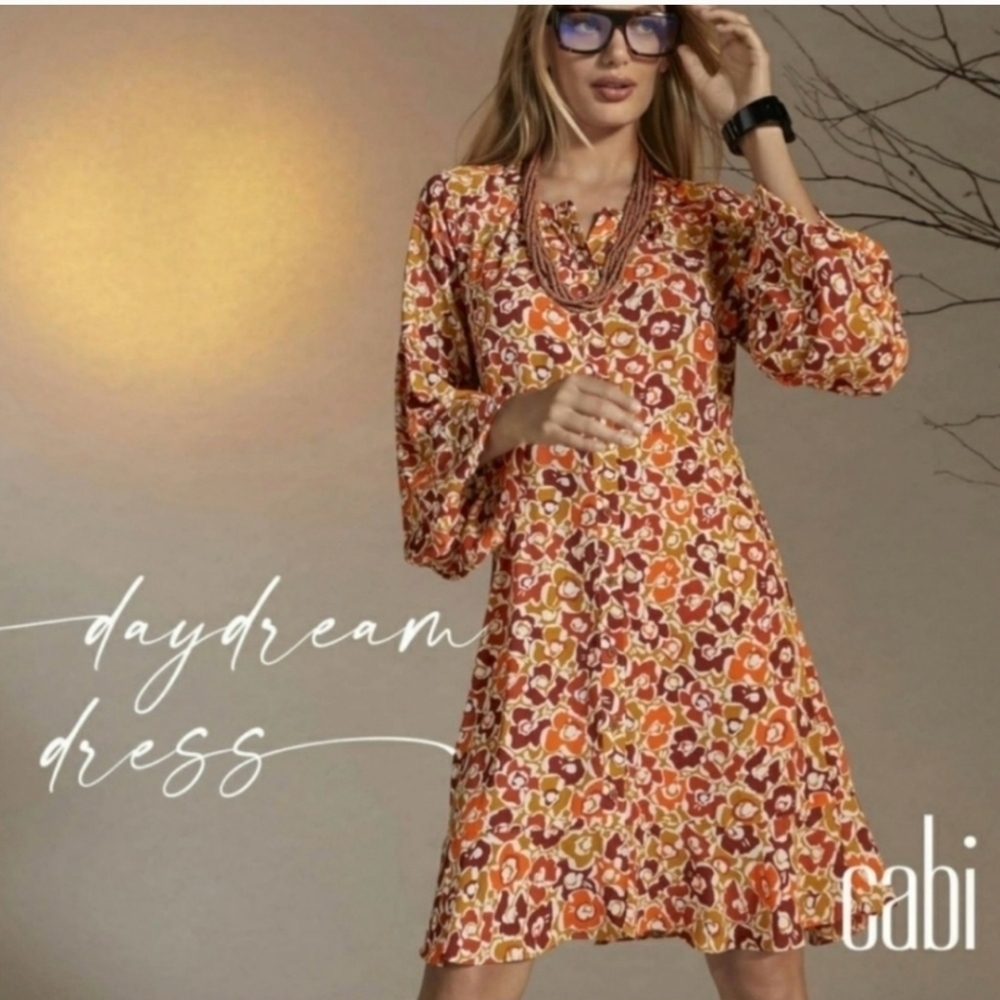 Cabi 4238 Daydream Floral Dress Size Medium Orange Fall Colors Balloon Sleeves